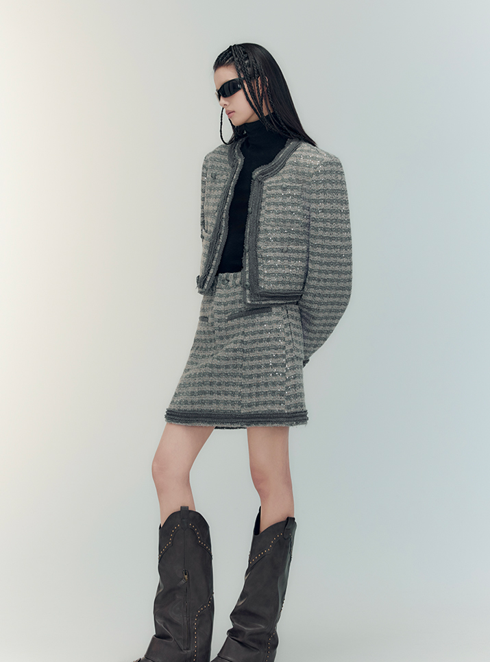Set-Up Suit Sequins Elegant No-Collar-Jacket&Mini-Skirt