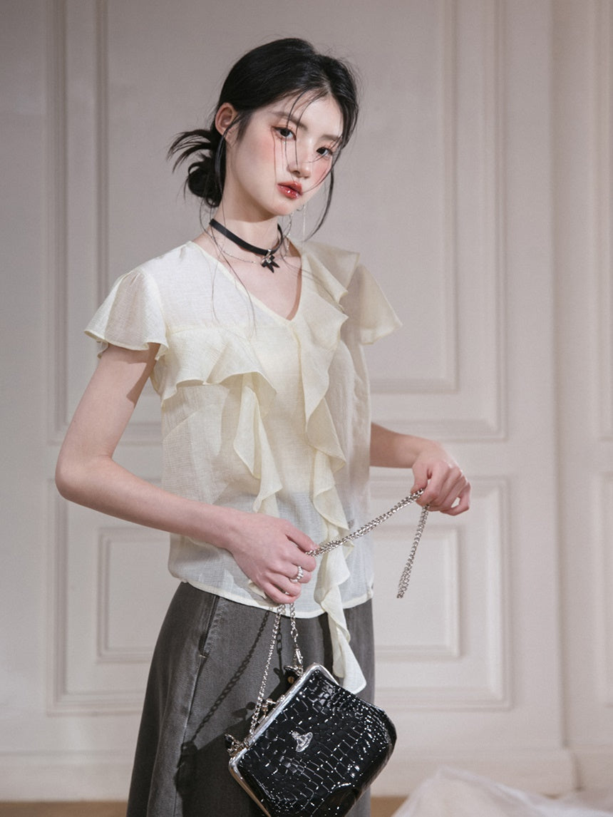 Romantic Curve Ruffle Chiffon Shirt & Tube Top Set-up