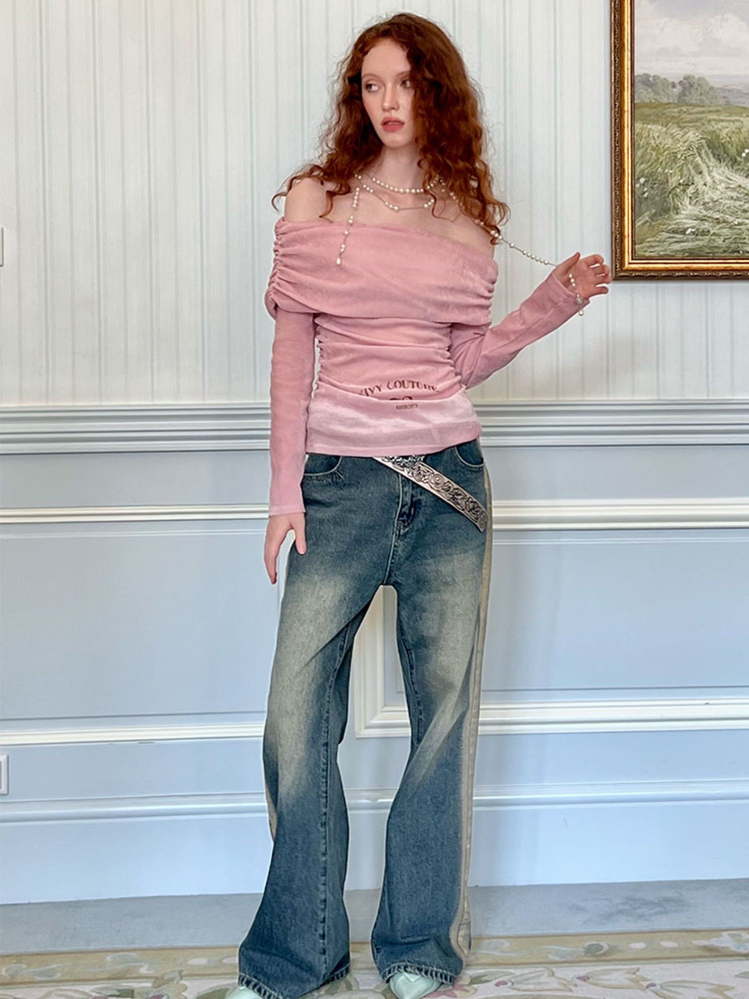 원라인 칼라 벨벳 프린트 스트레치 보텀 셔츠