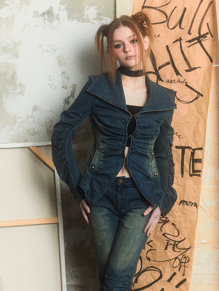 Street Pleated Stacked Denim Jacket