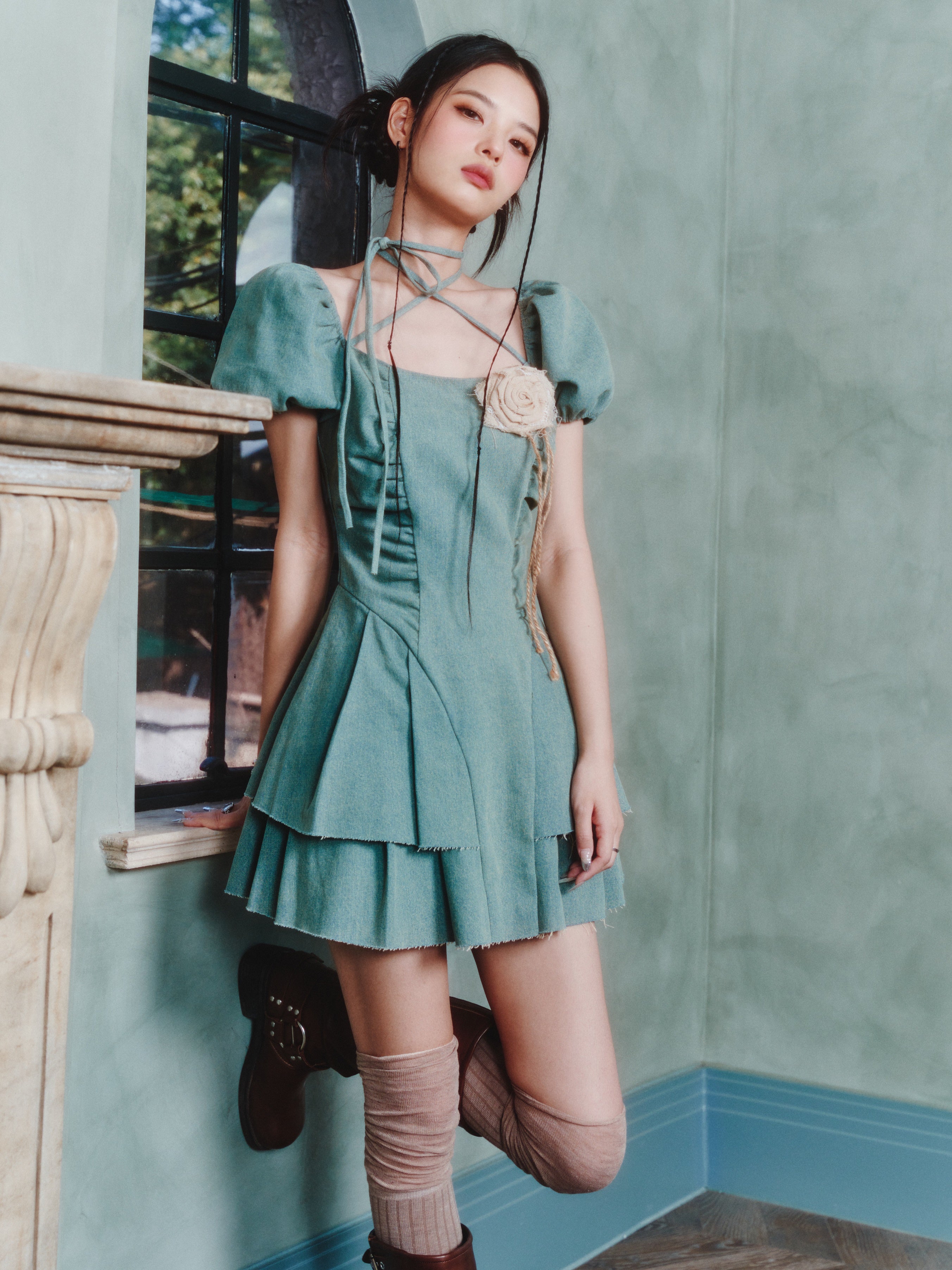 Lace-up Pleated Puff Sleeve Denim Dress