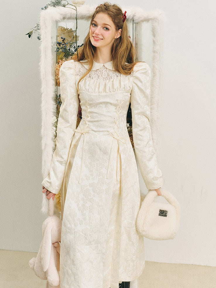 Jacquard Lace-Up Tuck Pleated Dress