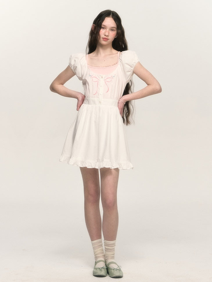 French Retro Bow Embroidery Puff Sleeve A-line One-piece