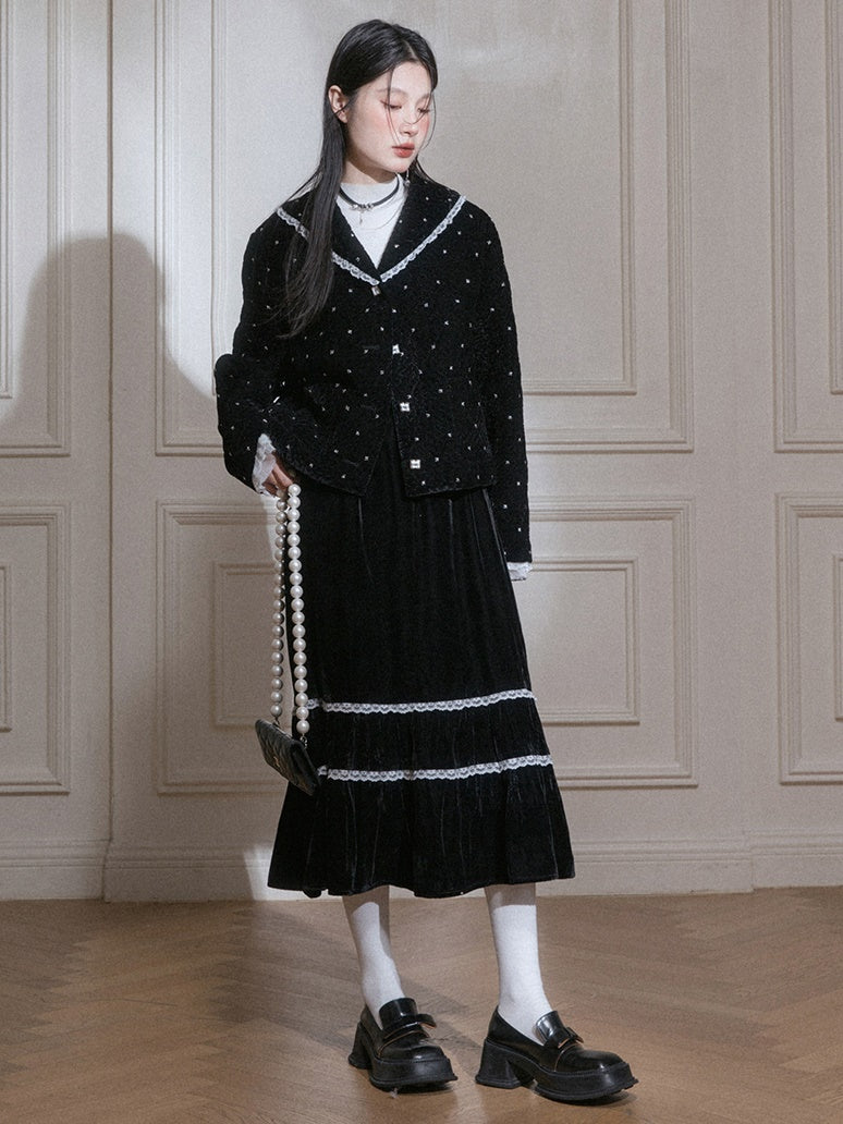 Velvet Bead-flower Short Jacket & Lace Stitch Cake Skirt