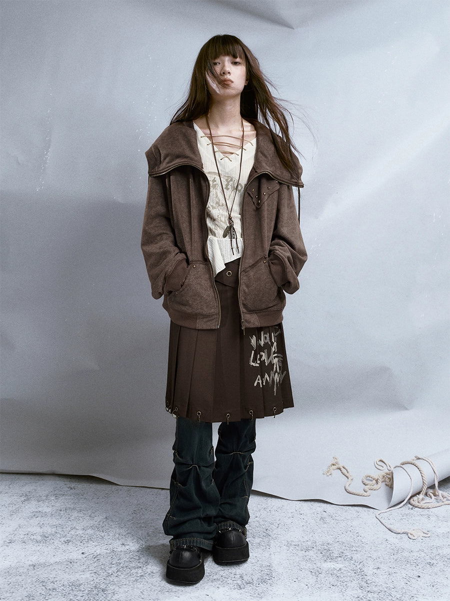 Rivet Distressed ZIP-Up Parka