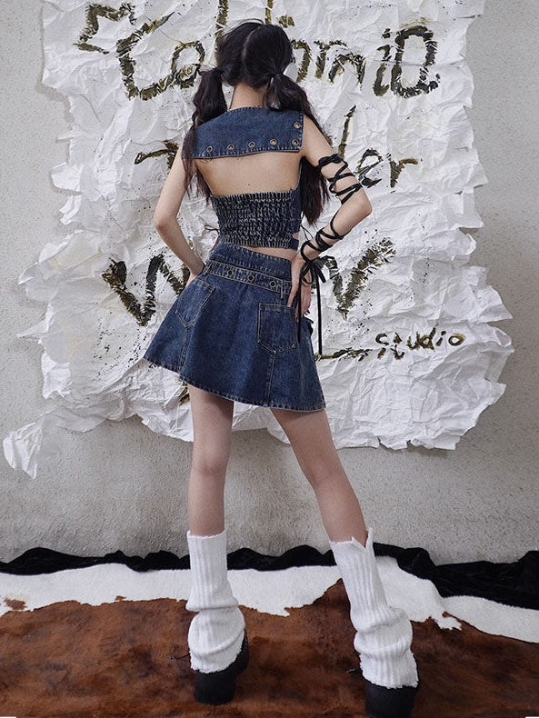 Niche Big Ribbon Flare Denim Skirt