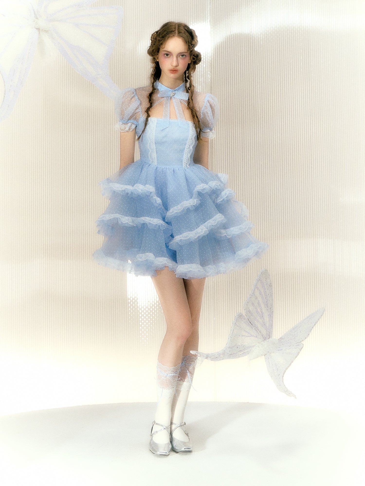 Polka Dot Rhinestone Bow Short-sleeved Lace Princess Dress