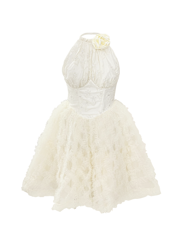 Jacquard Mesh Hem Flower Brooch Halter Neck Dress