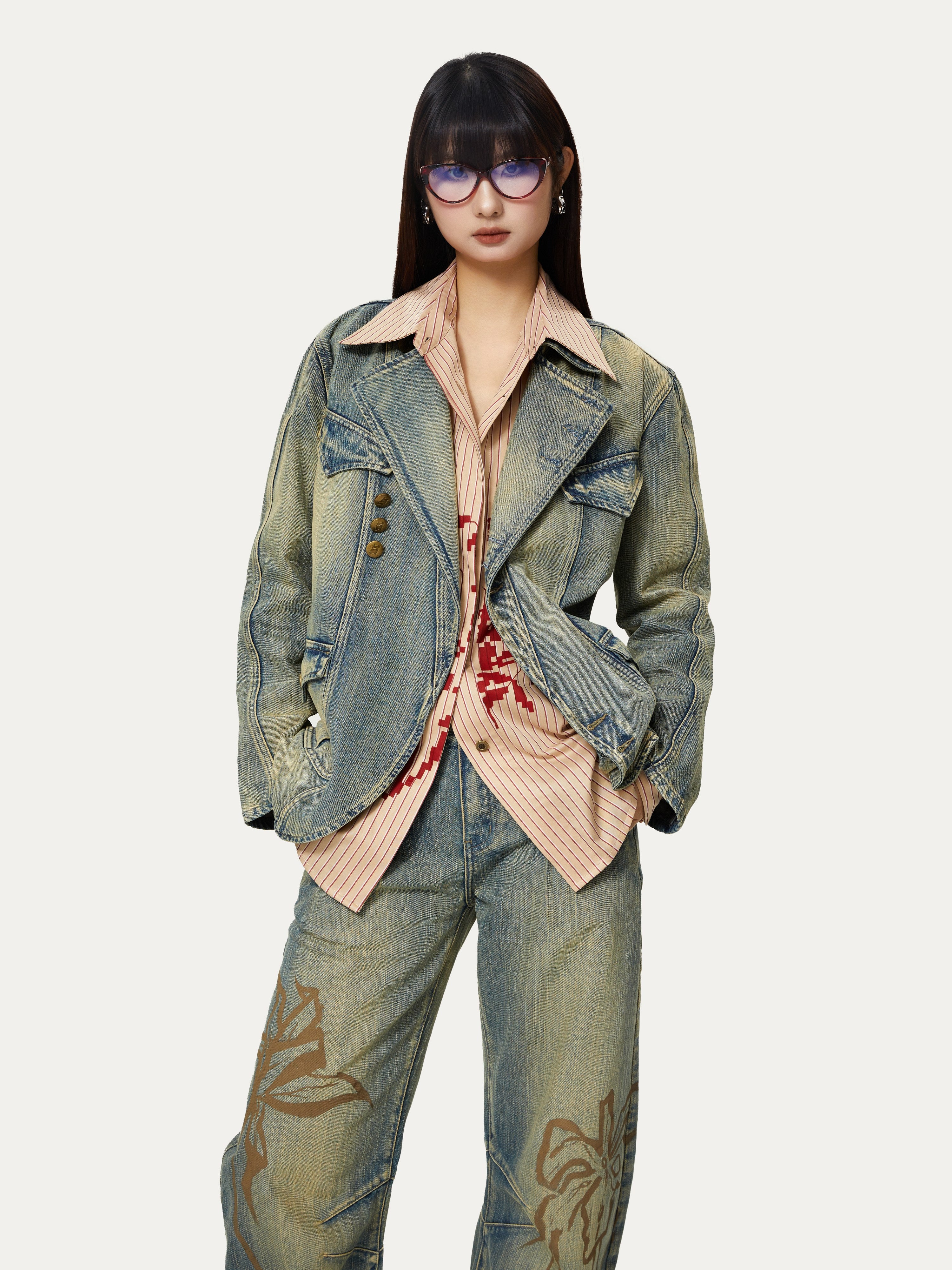 Distressed Deconstructed Casual Denim Jacket & Curve Denim Pants