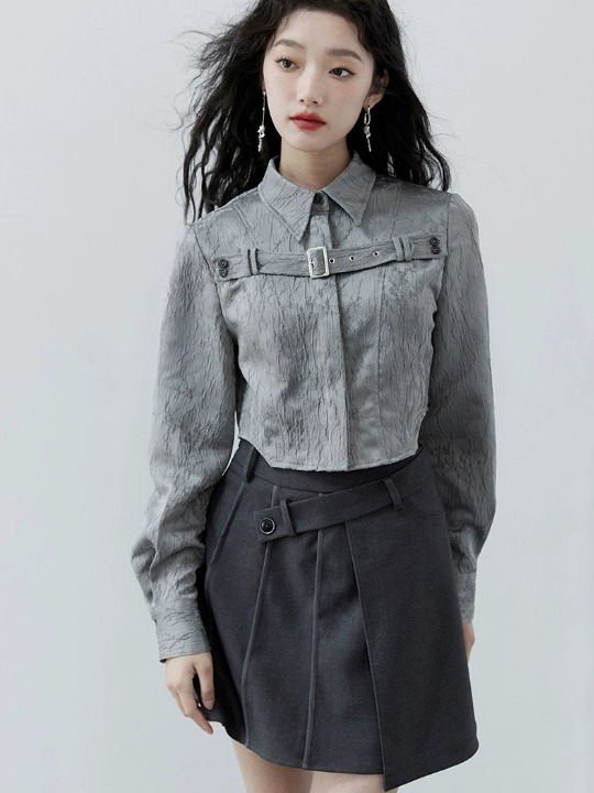 College Style Design Jacket & Pleated Skirt & Jacquard Shirt