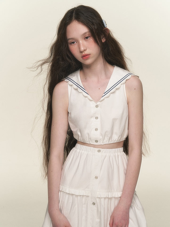 네이비 칼라 짧은 셔츠 및 전면 버튼 스커트