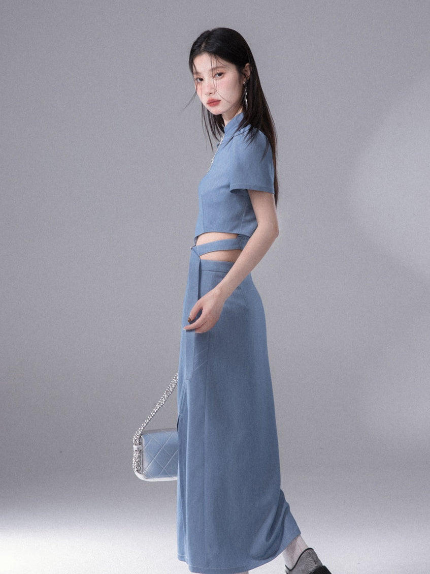 Cut-out Chinese Short Sleeve Top & Slit Skirt Set-up