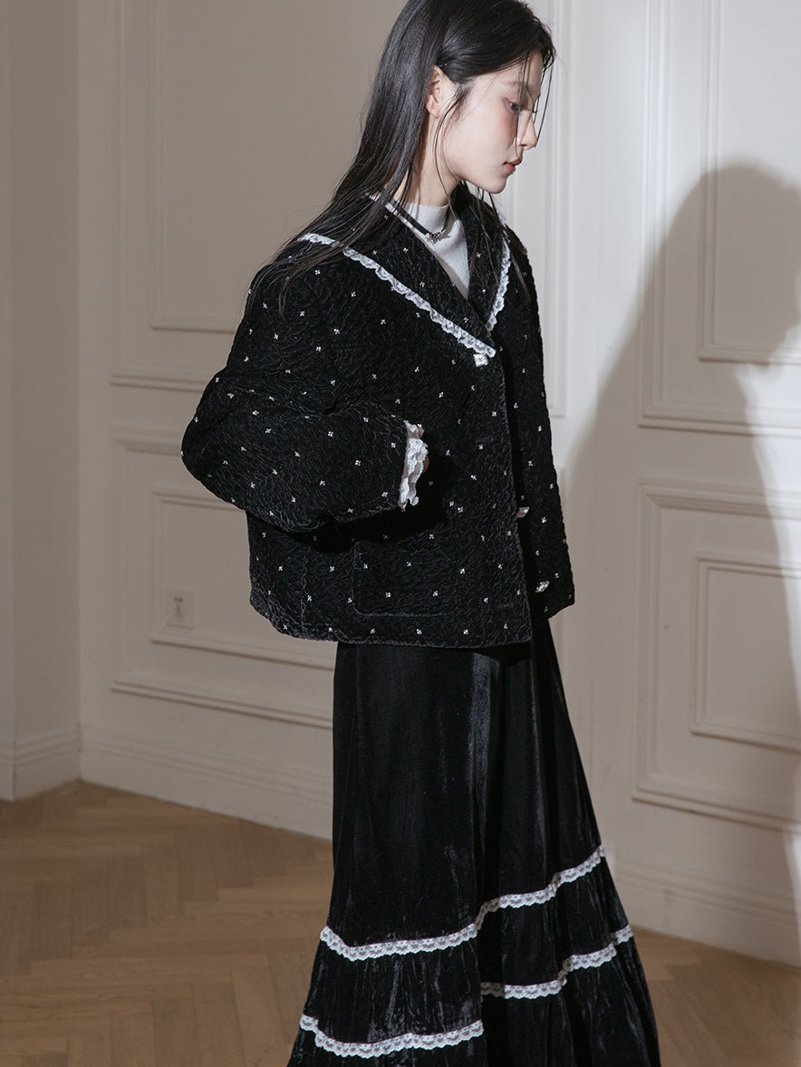 Velvet Bead-flower Short Jacket & Lace Stitch Cake Skirt