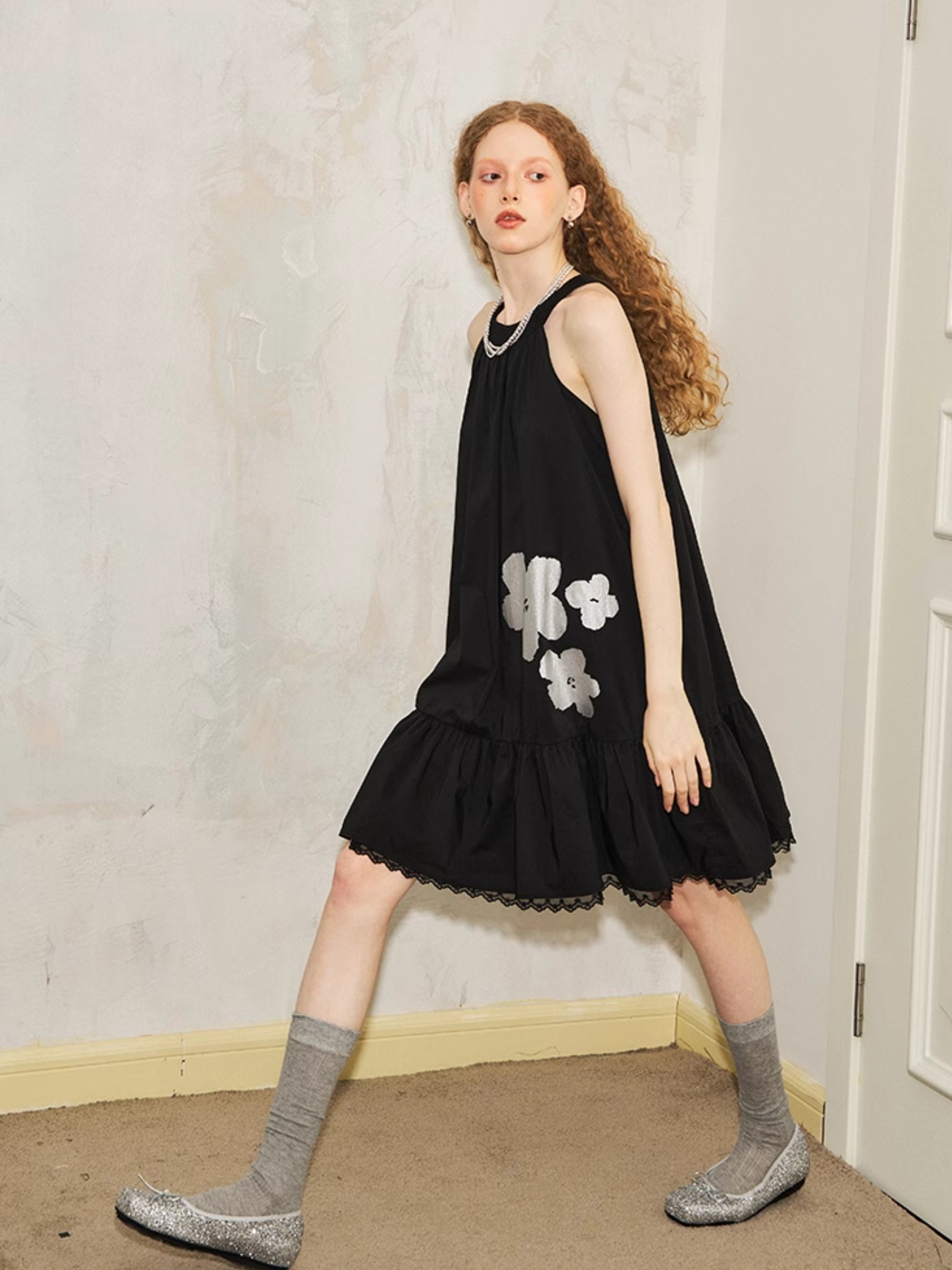 American Sleeve Lace Stitch Printed One-piece