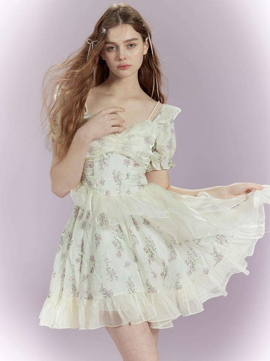 Blumengloss Puffärmel Wickelkleid