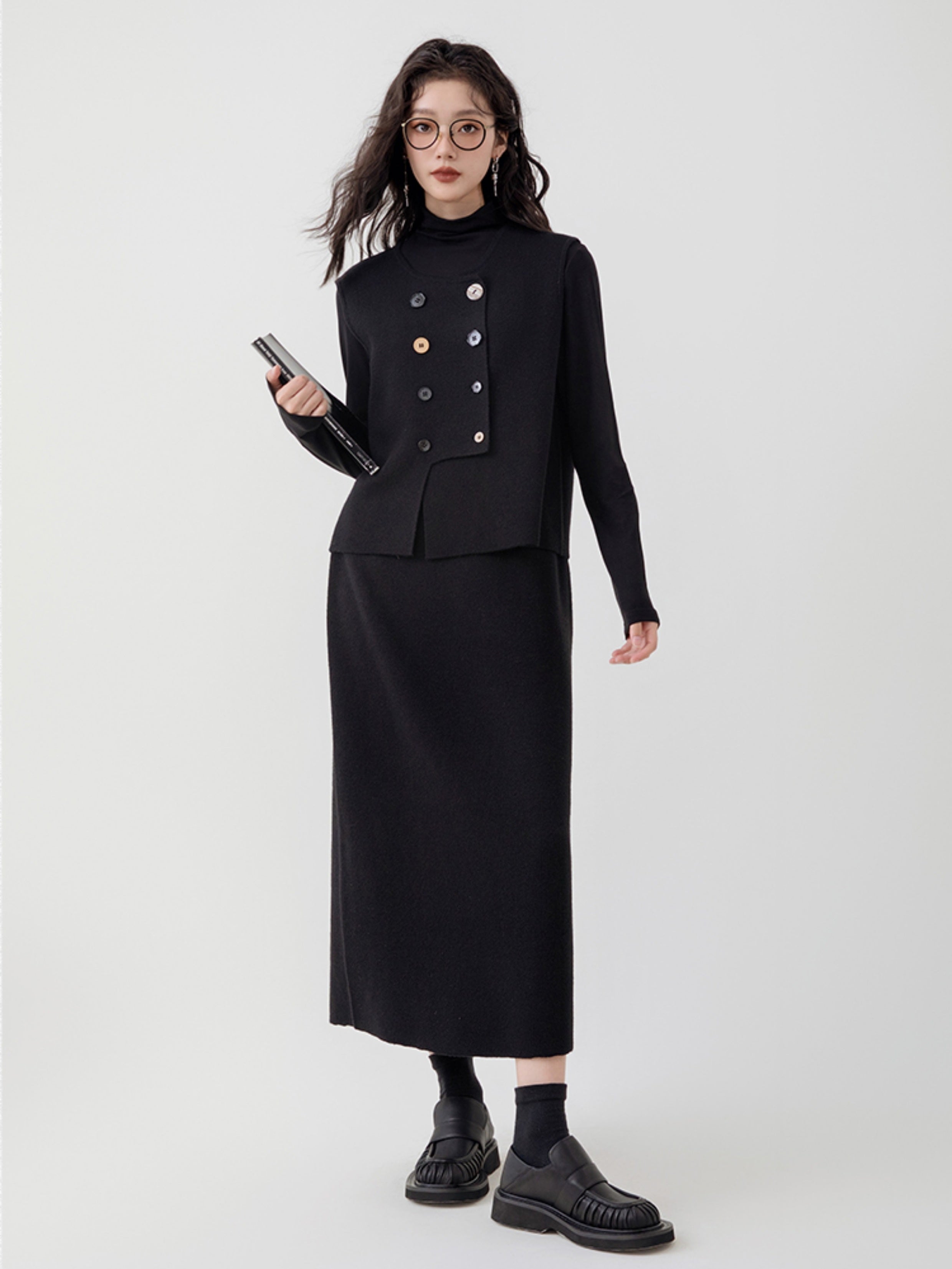 Unregelmäßige Designweste & Rock & halbhoher Halshemd