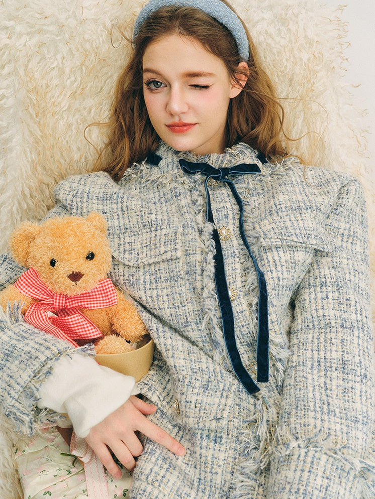 Loose Silhouette Tweed No-Collar Jacket & Mid-Length Skirt