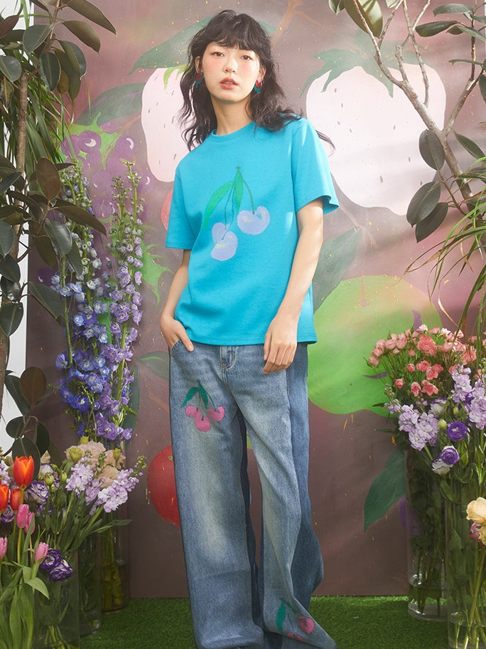 Cherry Print Loose Round Neck T-shirt