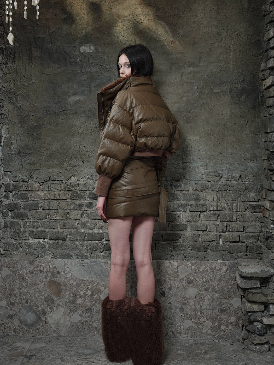 Fur Collar Short Down Jacket & Slant Zipper Skirt