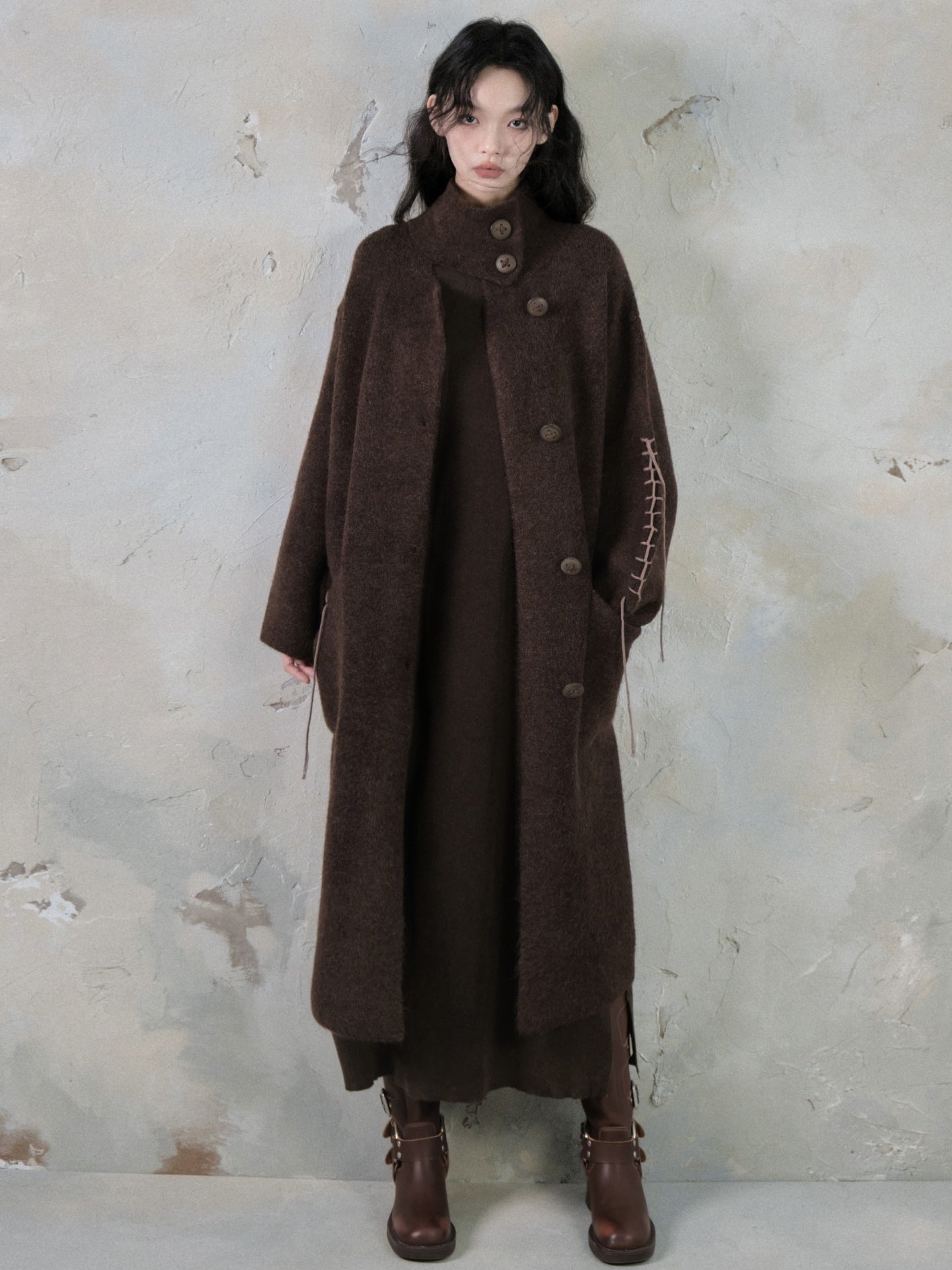 High-Neck Loose Long Soft Waxy Coat