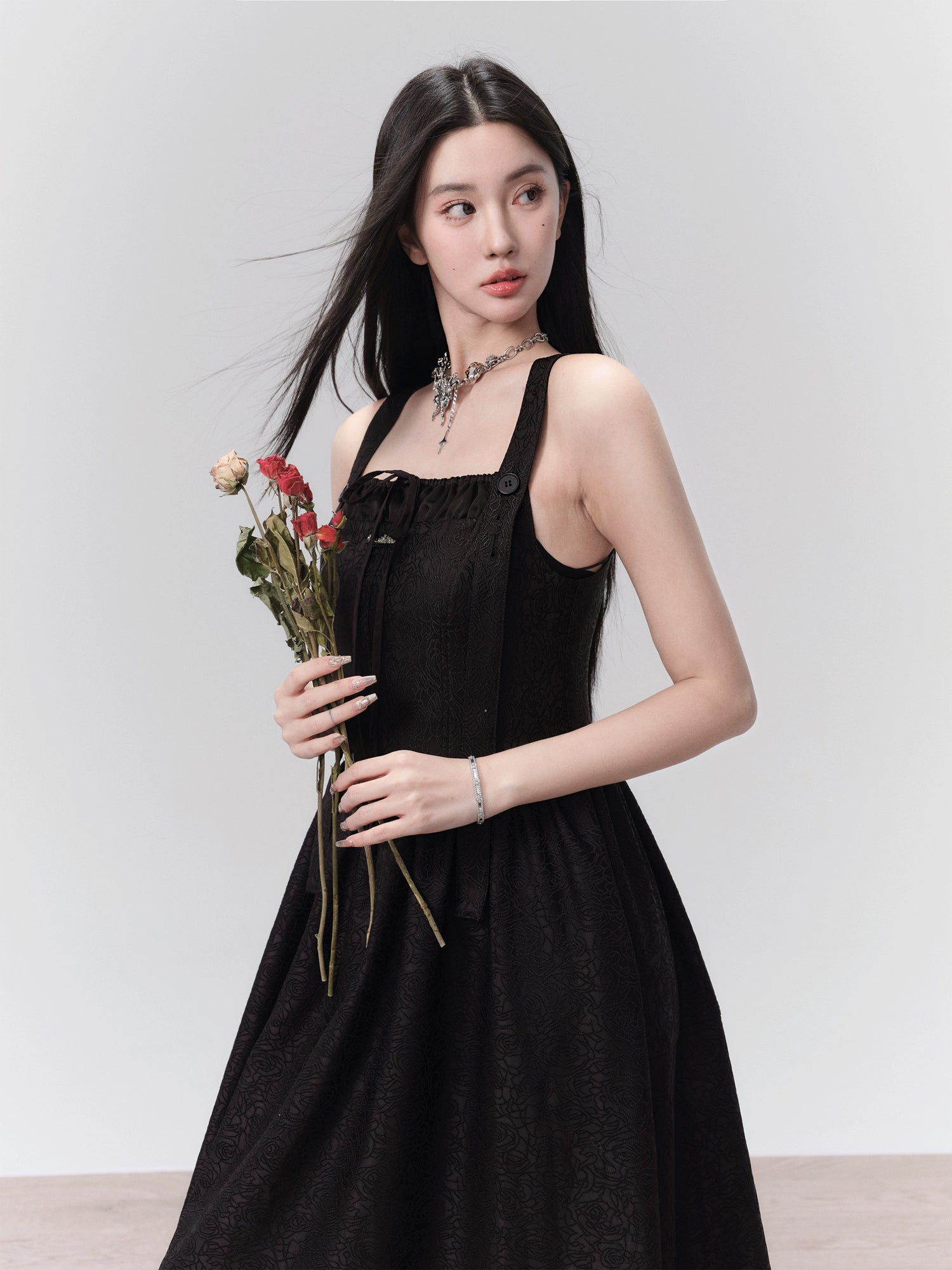 Jacquard Pleated Suspender Dress & Bow Patchwork Shirt