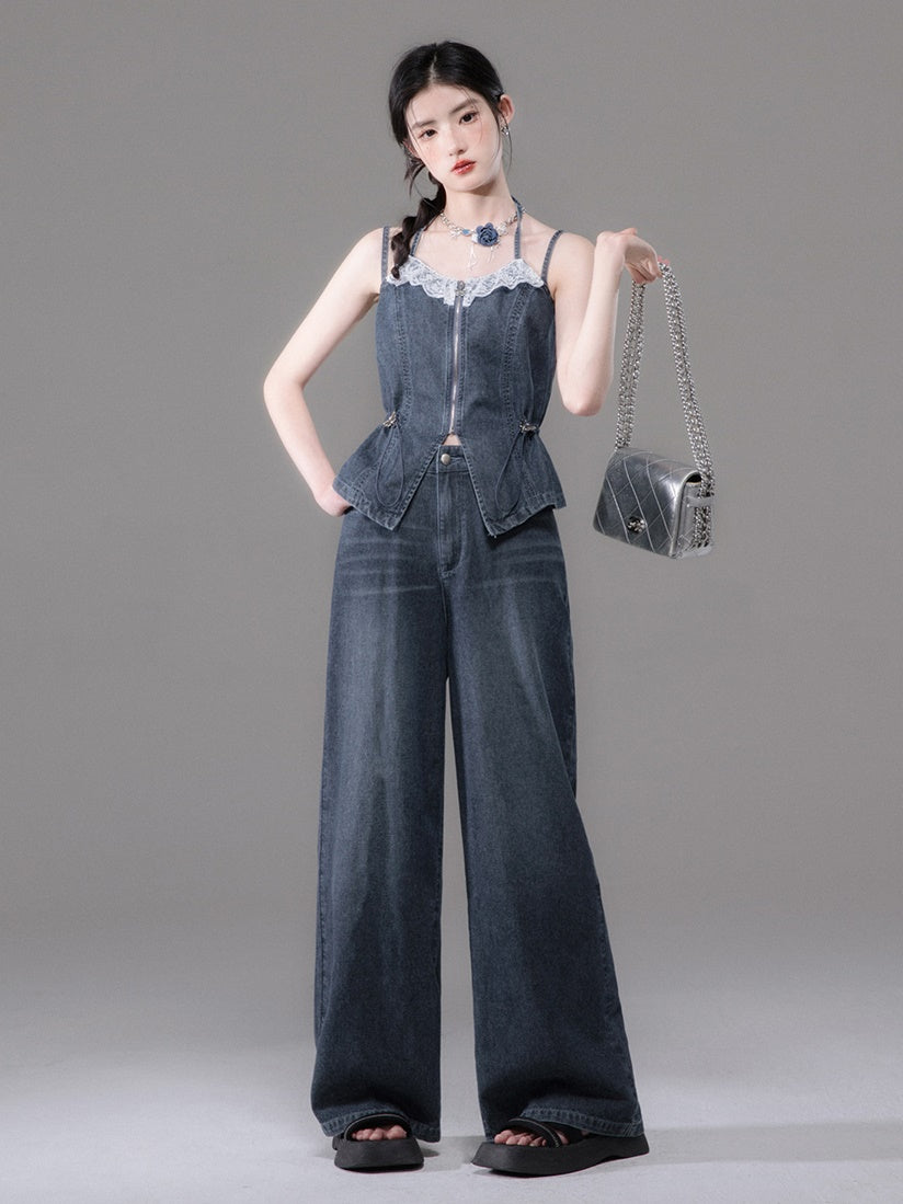 Double Strap Lace Stitch Denim Camisole & Wide-Leg Jeans Set-up