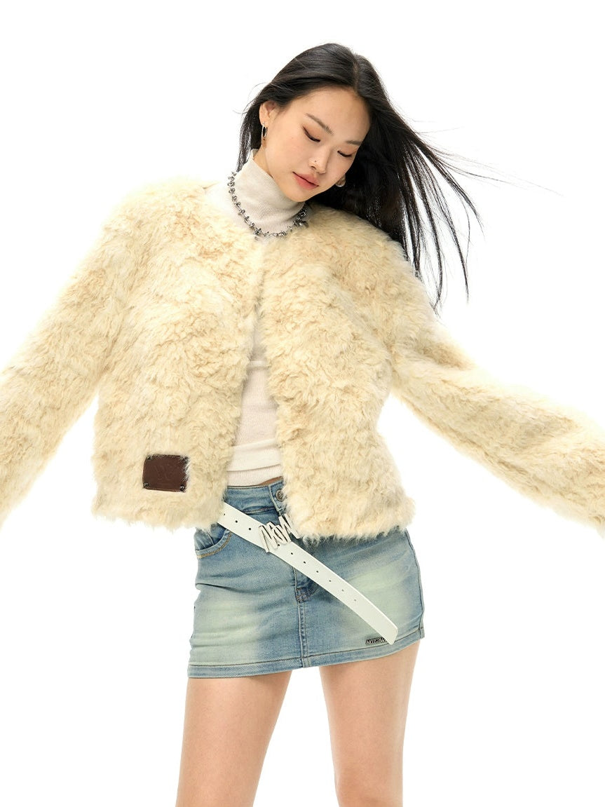 컬 둥근 목 모피 재킷