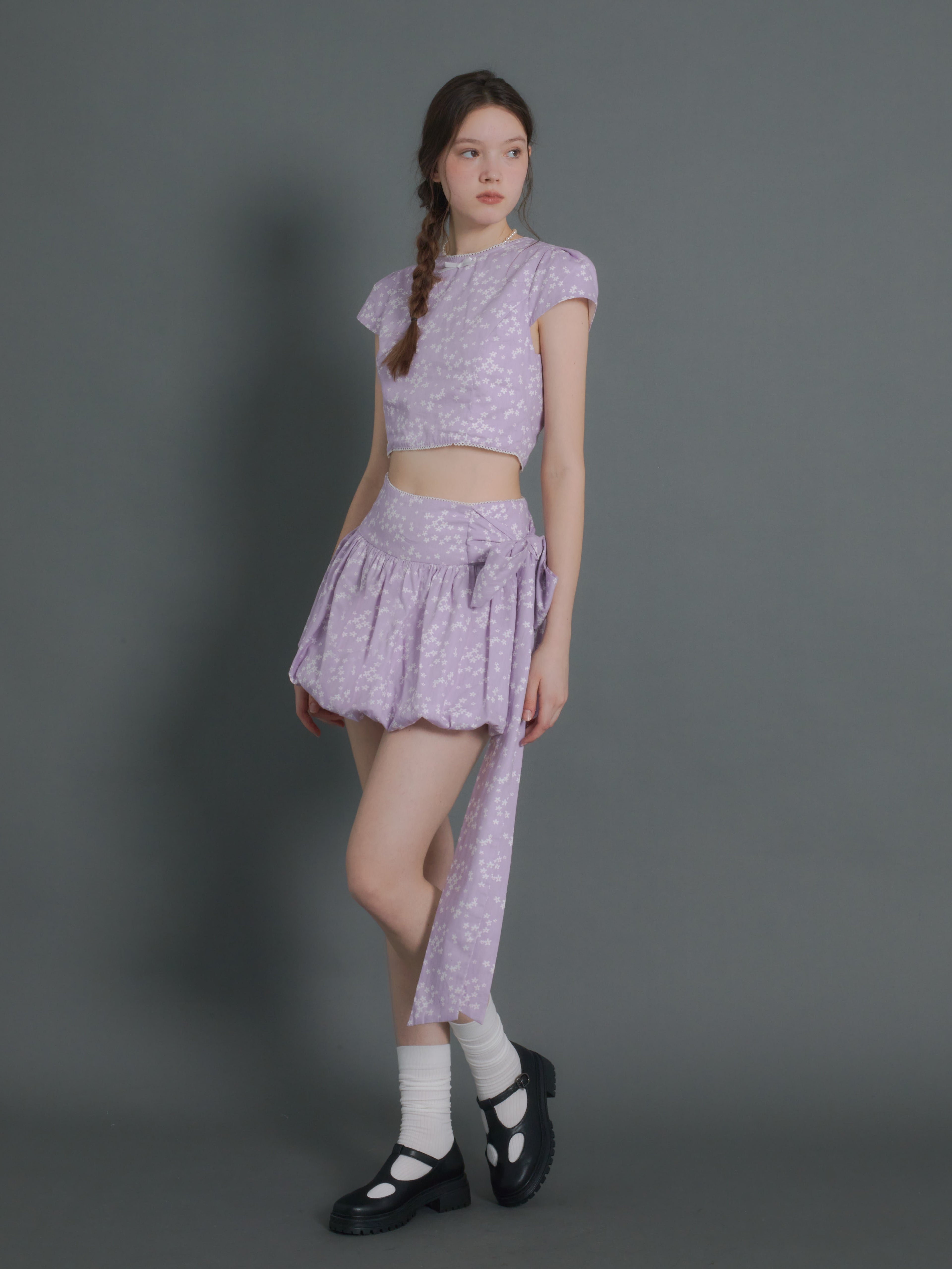 Floral Short Sleeve Cropped Top & Ribbon Bud Skirt