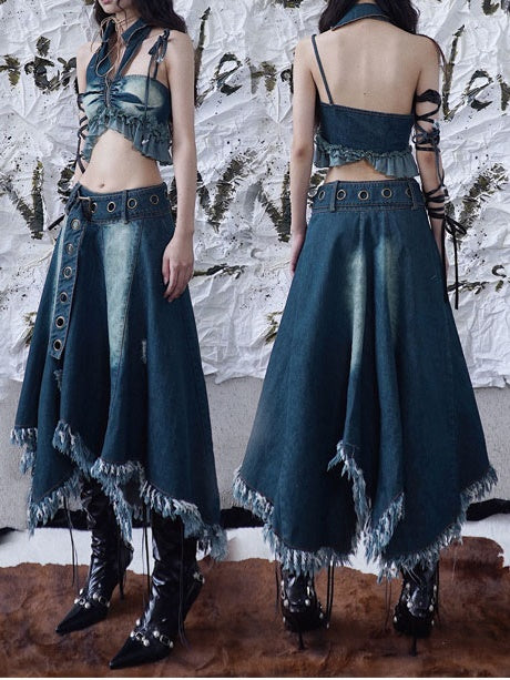 Fringed Irregular Hem Denim Circular Skirt