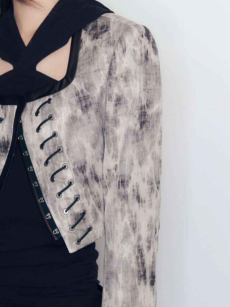 Mottled No Collar Jacket & A-Line Mini Skirt