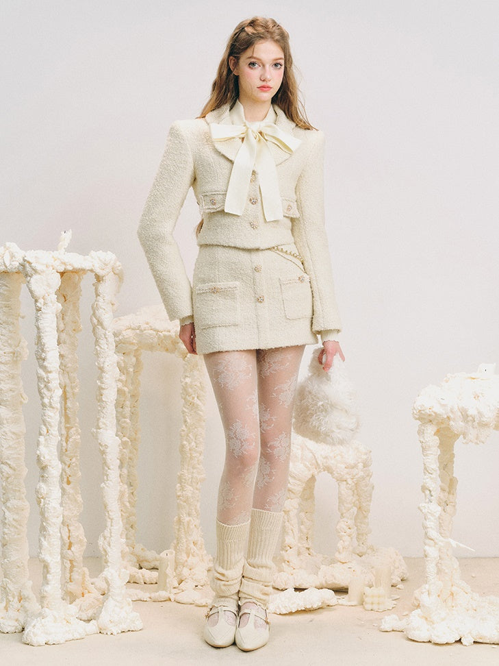 Tweed Cropped Slim Jacket & Pocket Design Mini Skirt