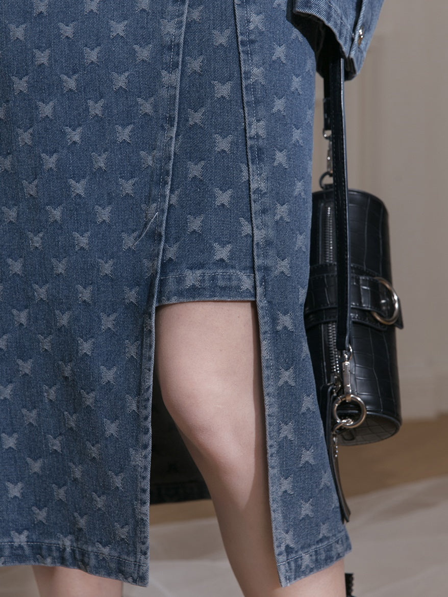 Raw Edge Jacquard Denim Jacket & Butterfly Suspender Skirt