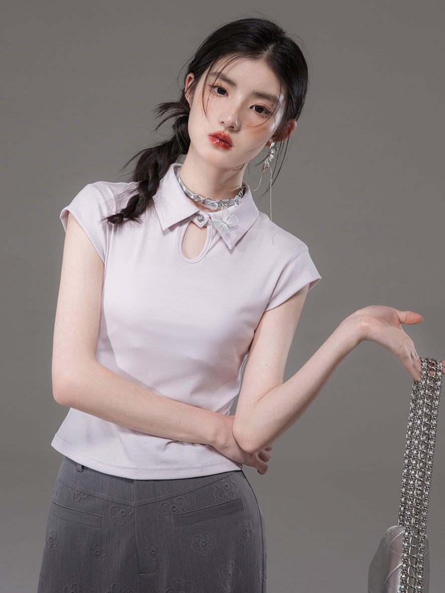 Chinese Style French Sleeve Cutsew & Tie-Dye Printed Suspender One-piece Set-up
