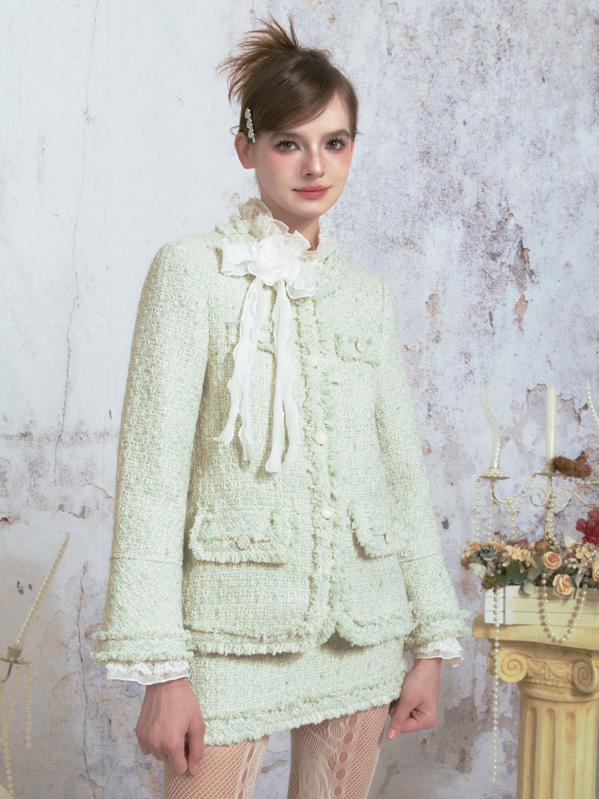 Tweed Raw Edge Camellia Jacket & Skirt