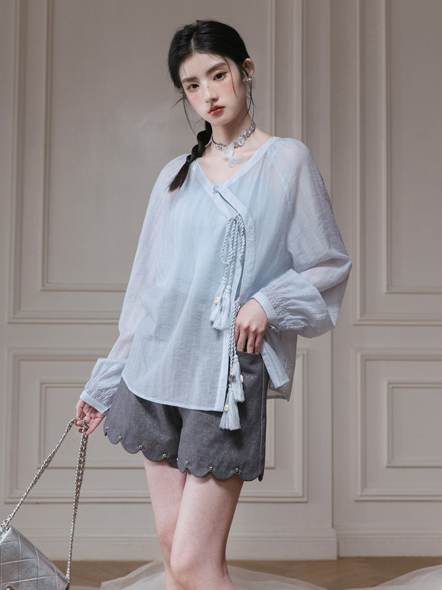 Oblique Placket Tie Sheer Shirt & Camisole Set-up