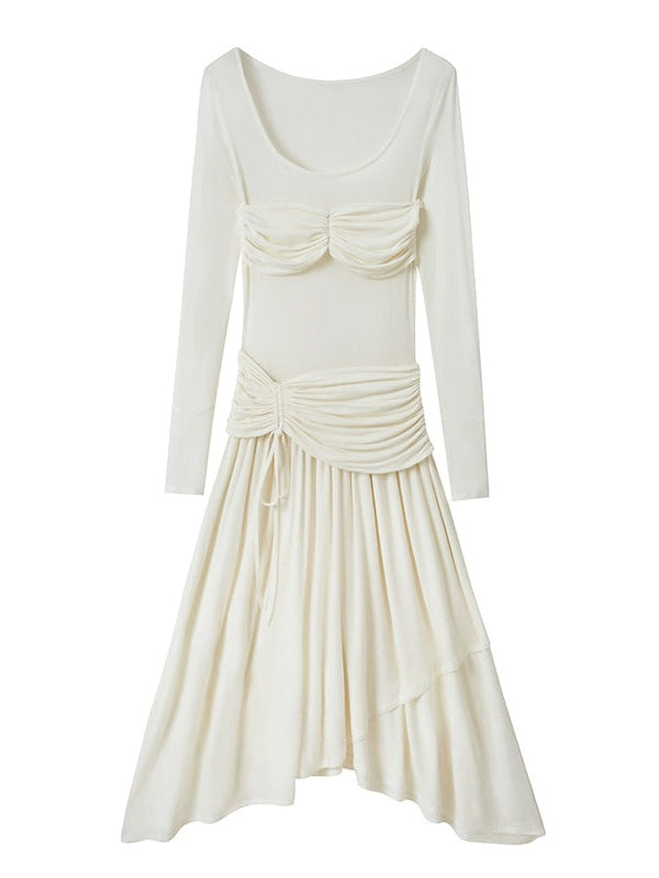 Classic Pleated Stitch Long-sleeved Sheer Dress