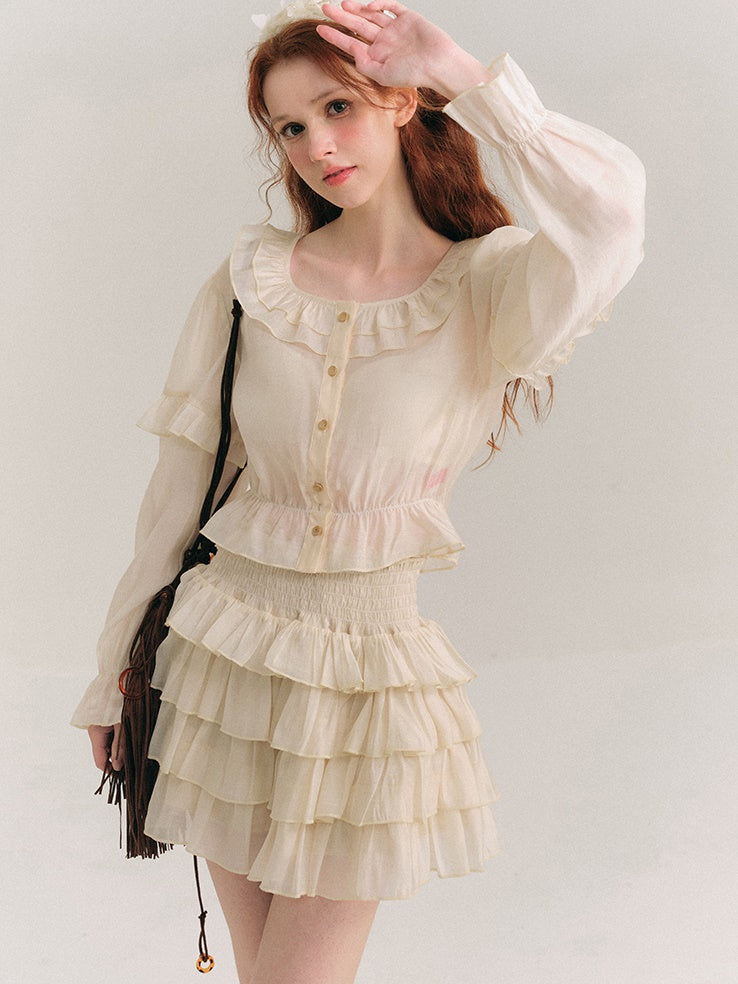 Shimmer Frill Collar Shirt & Fluffy Cake Skirt