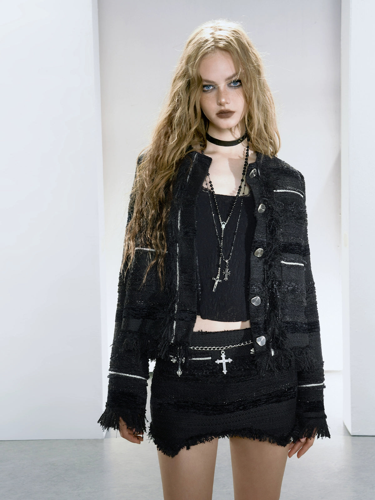 Hair-drawing Tweed Style Jacket & Skirt