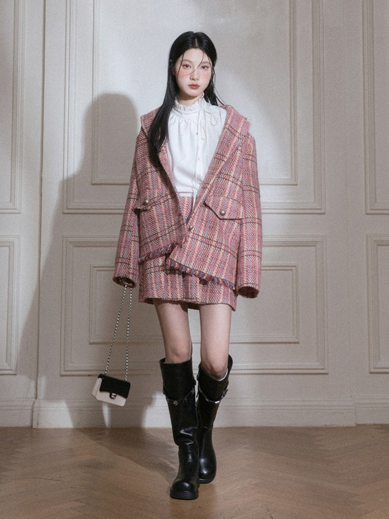 Plaid Tweed Asymmetry Design Jacket & Skirt