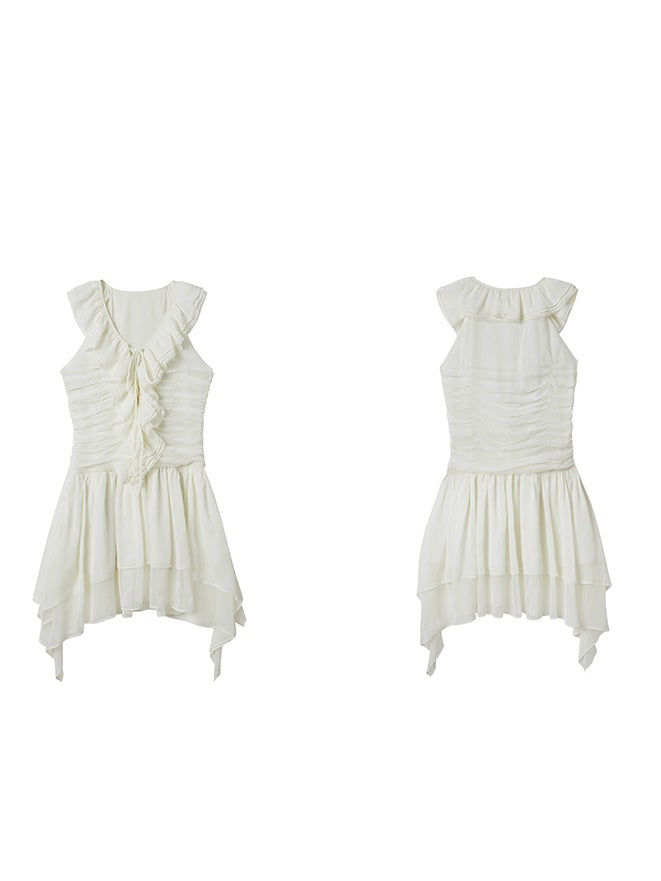 Ruffled Lace Stitching Pleated V-neck Sleeveless Dress