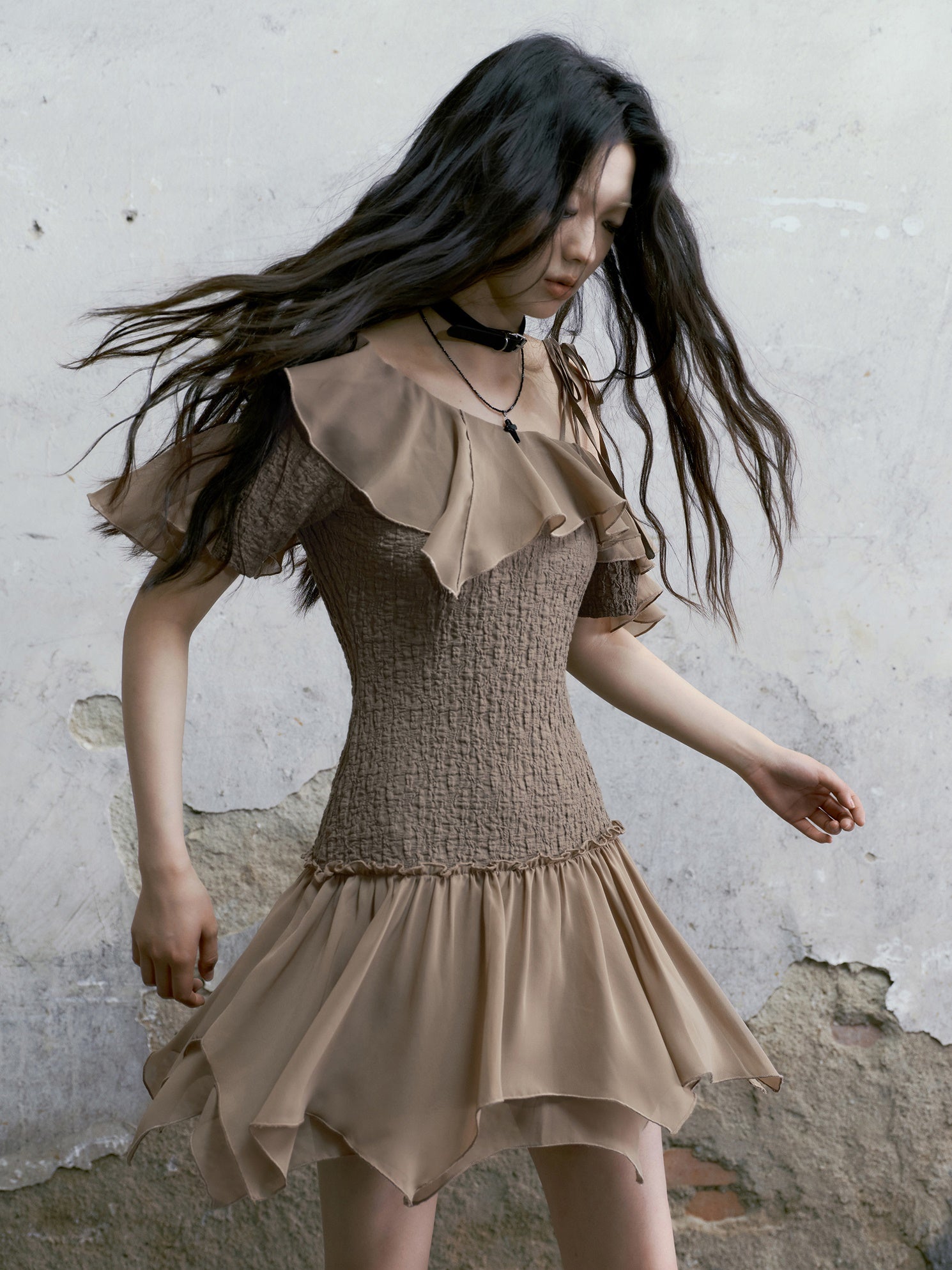 One-Shoulder Washer Frill Dress
