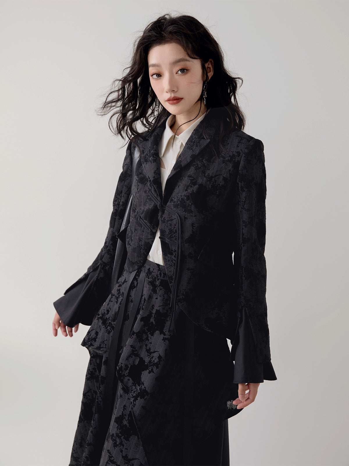 Chinese Style Flare Sleeve Jacket & Asymmetrical Skirt