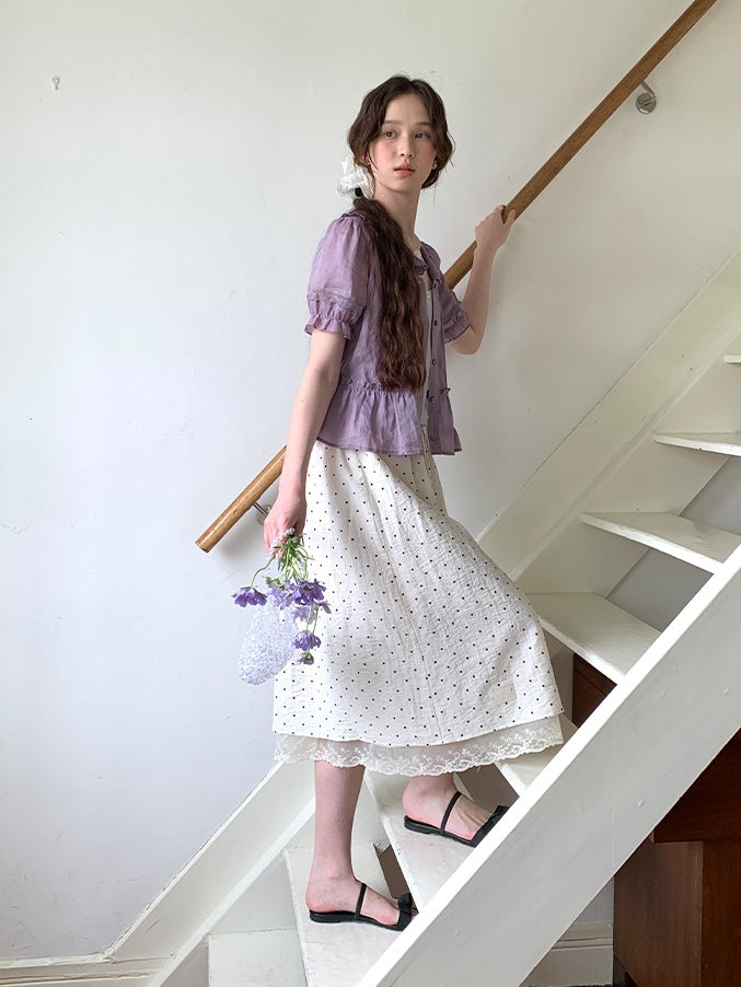 Polka Dot Lace Drawstring Elastic Waist Midi Skirt