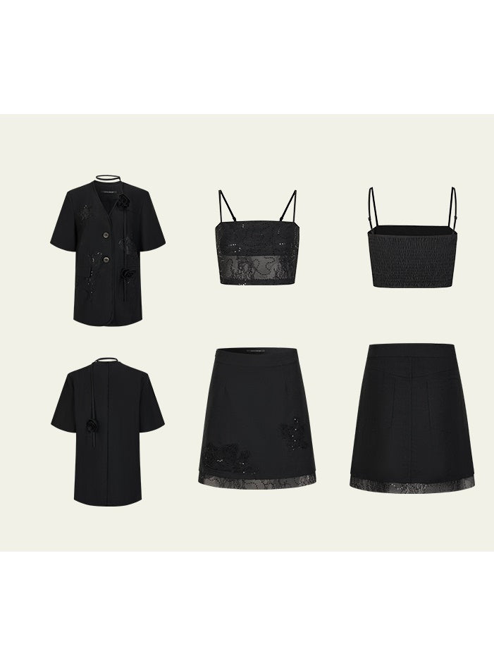 Carved Lace Embroidery Jacket & Camisole & Short Skirt