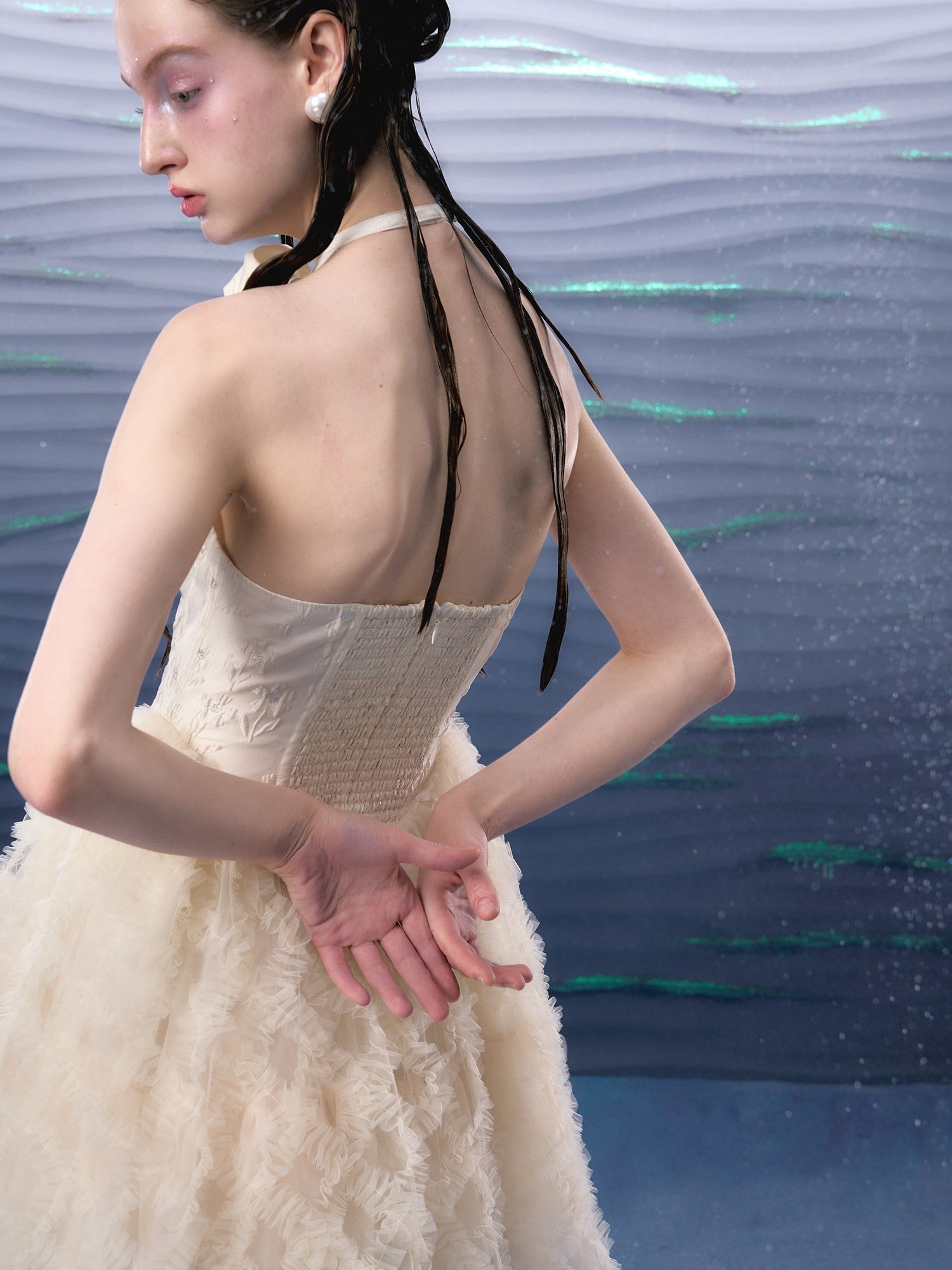 Jacquard Mesh Hem Flower Brooch Halter Neck Dress