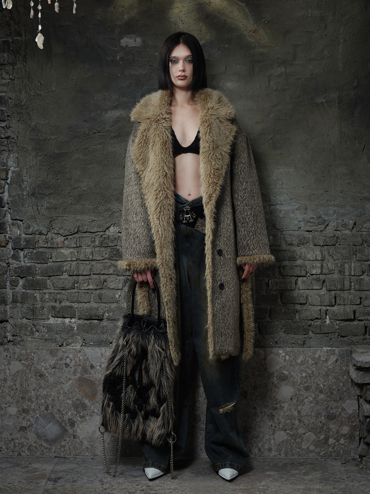 Large Collar Plus Velvet Belted Coat