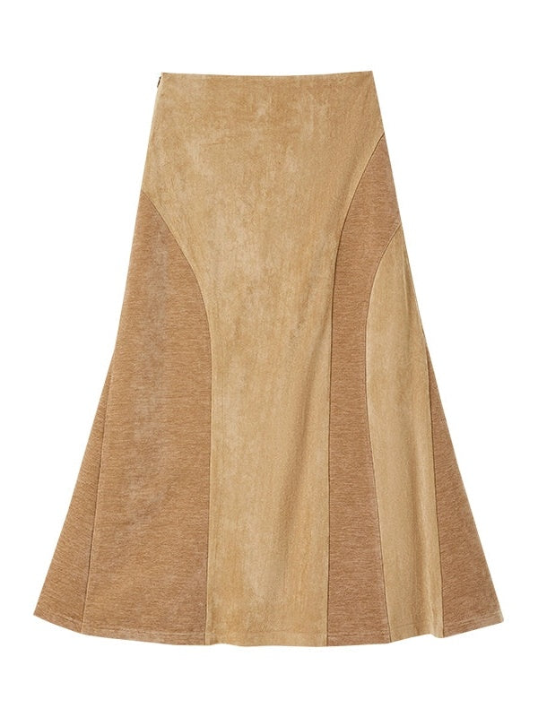 Fake Suede Curved Patchwork Skirt