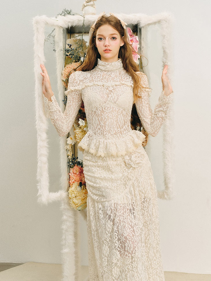 Lace High-Neck Peplum Design Top & Embroidered Lace Skirt