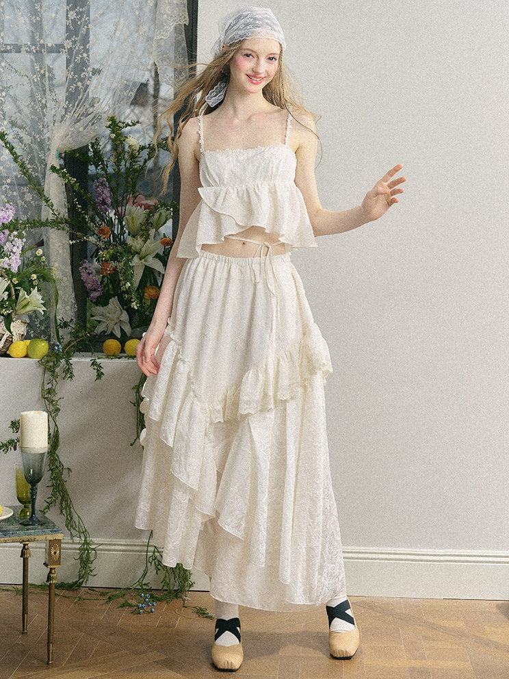 Embroidered Jacquard Ruffled Sling & Asymmetry Skirt