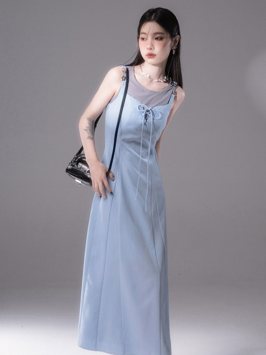Rope Ribbon Suspender Long Skirt & Short Tank Top Set-up